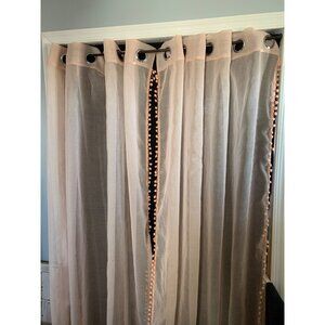Light Pink Sheer Curtain Panels with Pom-Pom Trim & Metal Grommets 60"W x 74"L